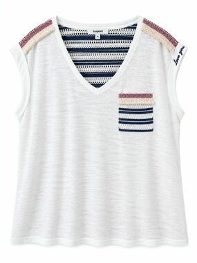 Desigual Women’s XL White V-Neck Mixed Media Lace Stripe Pocket Top
